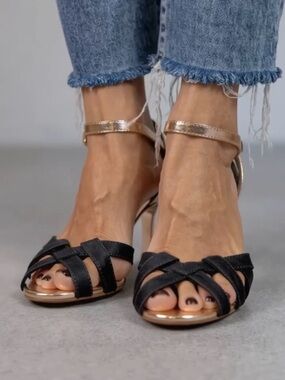 Black Strappy Open-Toe Heels with Rose Gold Ankle Strap